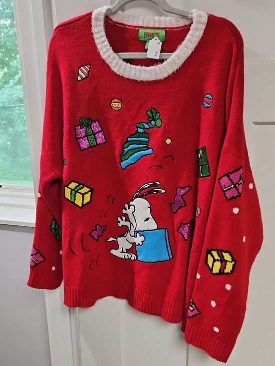 Peanuts Sweaters - Peanuts Red Snoopy Holiday Crewneck Sweater with Colorful Gift Motifs